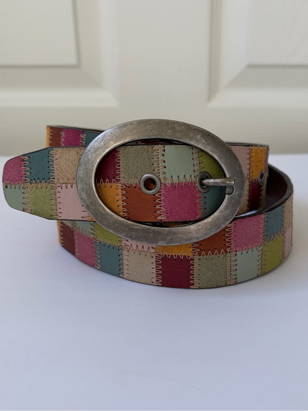 Vintage Fossil Womens Boho Multicolor Patchwork Leather Suede Belt M Y2K 90’s